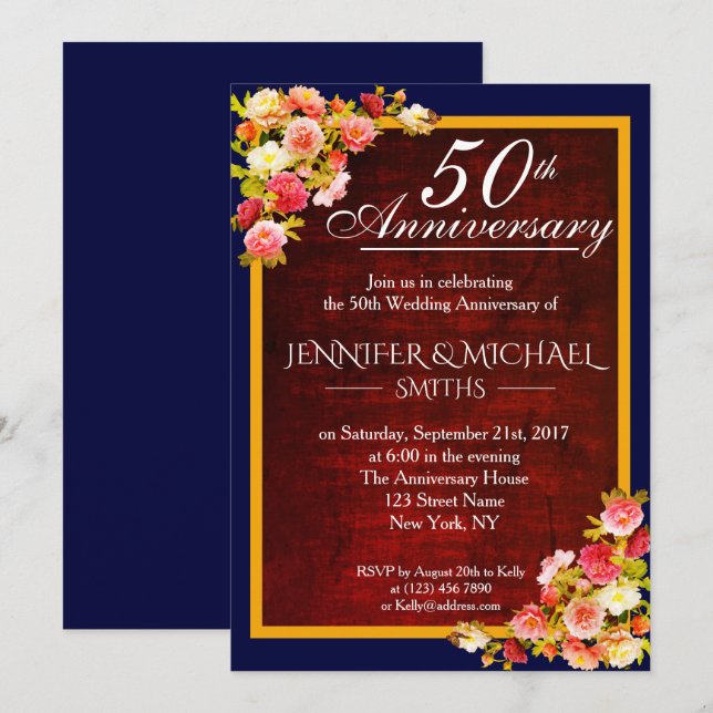 Elegant Floral Burgundy Wedding Anniversary Invite (Front/Back)