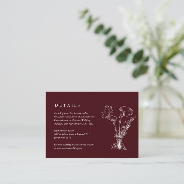 Elegant Floral Burgundy Wedding Details Card (Standing Front)