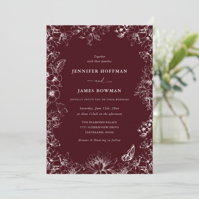 Elegant Floral Burgundy Wedding Invitation (Standing Front)