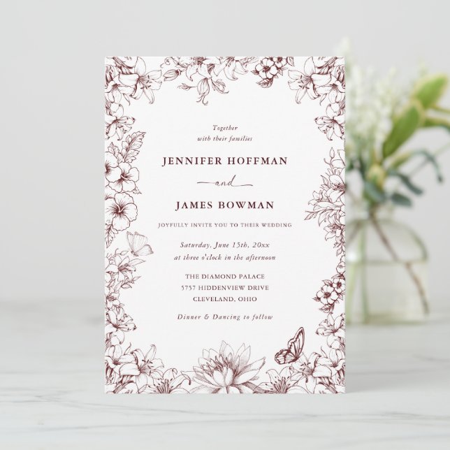 Elegant Floral Burgundy Wedding Invitation (Standing Front)