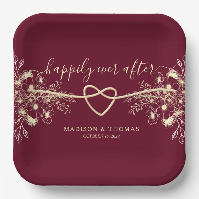 Elegant Floral Burgundy Wedding Paper Plate (Front)