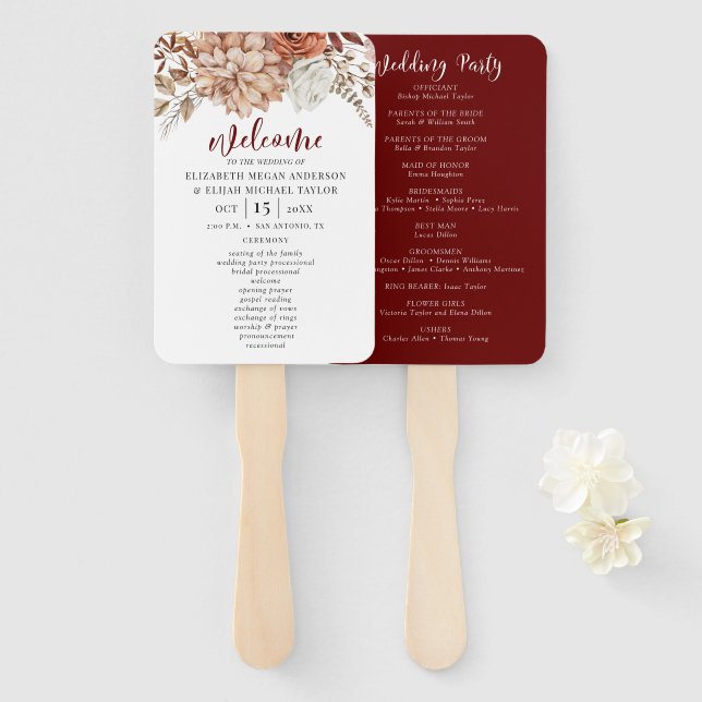 Elegant Floral Burgundy Wedding Program Hand Fan (Front and Back)