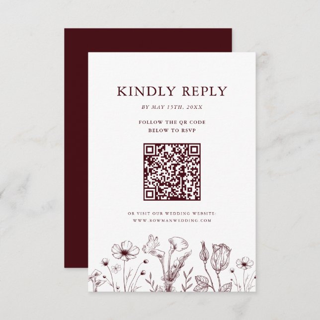 Elegant Floral Burgundy Wedding QR Code RSVP Card (Front/Back)
