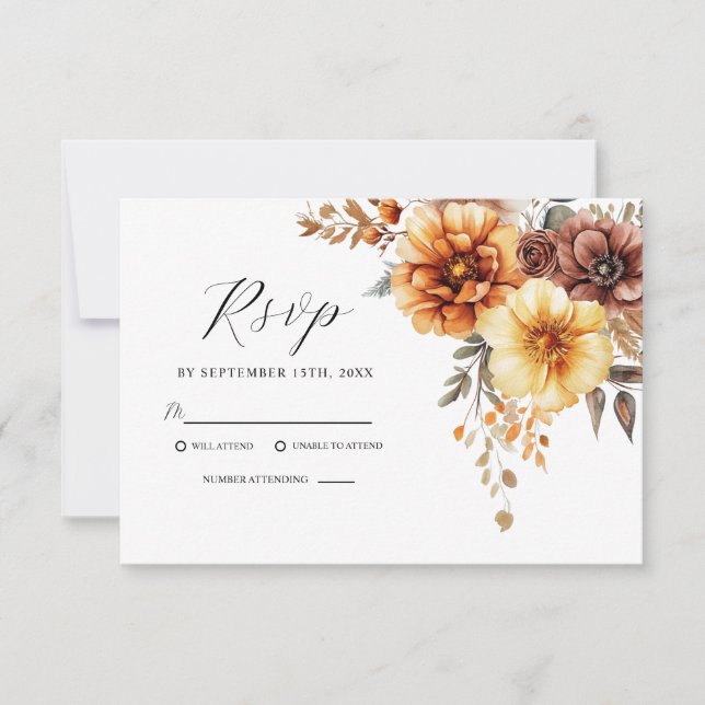 Elegant Floral Burnt Orange Terracotta Wedding RSVP Card (Front)