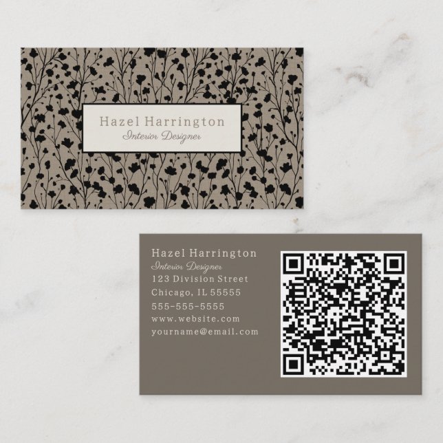 Elegant Floral Business Card Modern Black Beige (Front/Back)