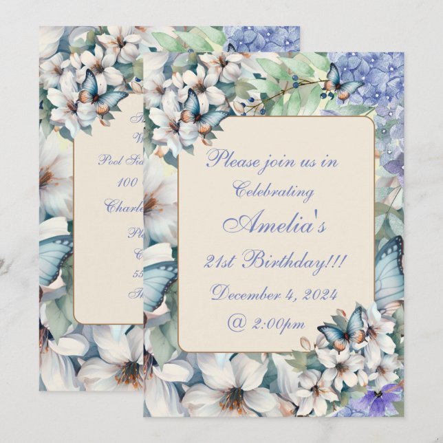 Elegant Floral & Butterflies Birthday Invitation (Front/Back)
