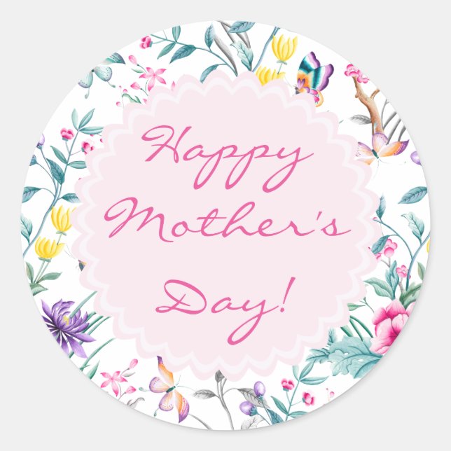 Elegant Floral & Butterflies Mother's Day Classic Round Sticker (Front)