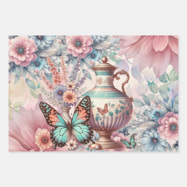Elegant Floral & Butterflies Wrapping Paper Sheet (Front 3)