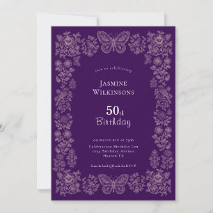 Elegant Floral Butterfly 50th Birthday Invitation