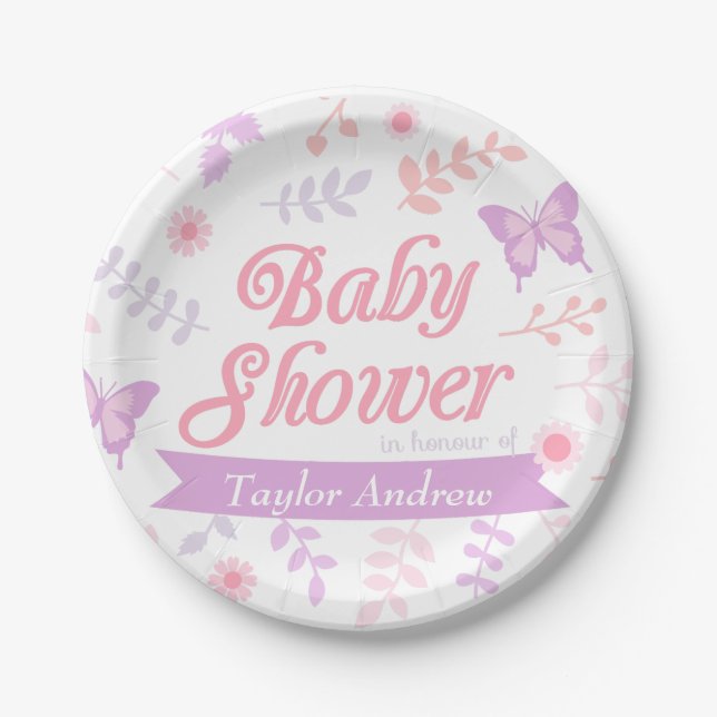 Elegant Floral Butterfly Baby Shower Party Supply Paper Plate (Front)