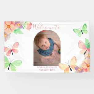 Elegant Floral Butterfly Custom Photo 1st Birthday Banner