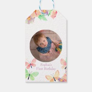 Elegant Floral Butterfly Custom Photo 1st Birthday Gift Tags
