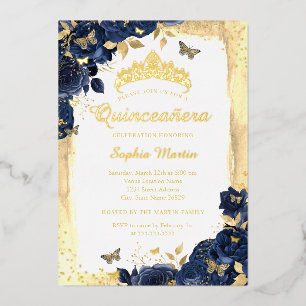 Elegant Floral Butterfly Gold Navy Quinceanera