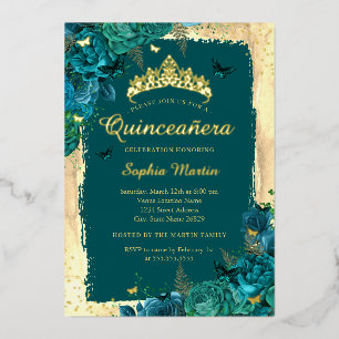 Elegant Floral Butterfly Gold Teal Quinceanera