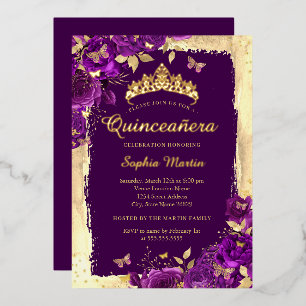 Elegant Floral Butterfly Purple Gold Quinceanera