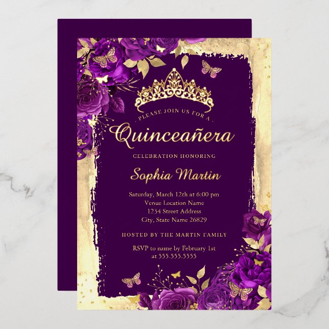 Elegant Floral Butterfly Purple Gold Quinceanera  (Front/Back)