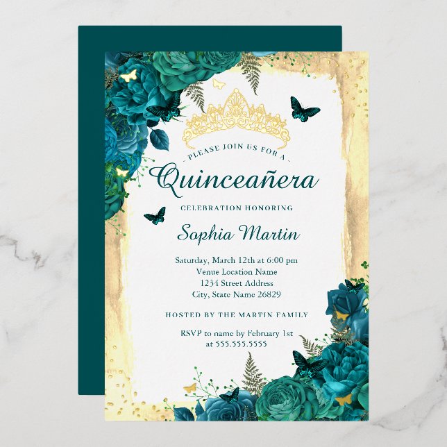 Elegant Floral Butterfly Teal Gold Quinceanera  (Front/Back)