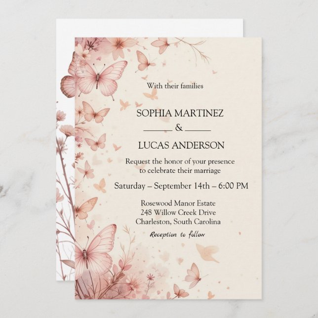 Elegant Floral Butterfly Wedding Invitation (Front/Back)