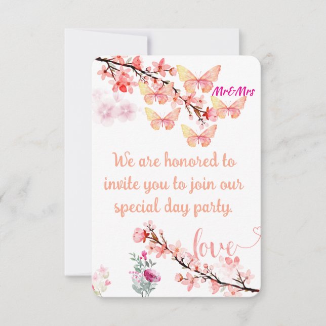 Elegant Floral & Butterfly Wedding Invitation Card (Front)