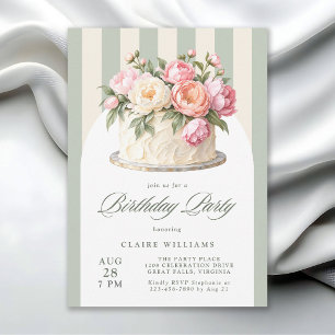 Elegant Floral Cake Sage Green Stripes Birthday Invitation