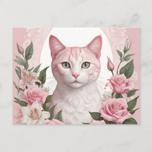 Elegant Floral Cat with Vibrant Roses and Lilies Postcard