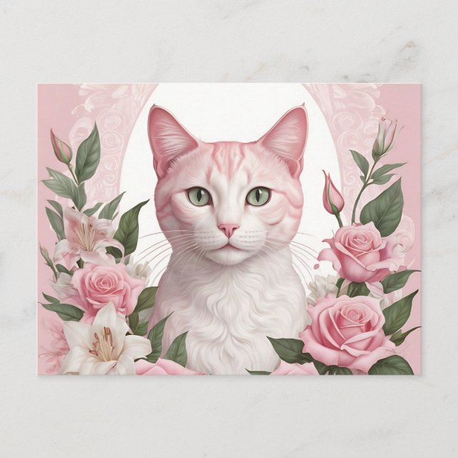 Elegant Floral Cat with Vibrant Roses and Lilies  Postcard (Front)