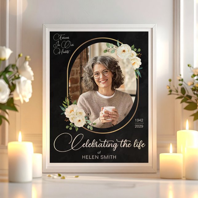 Elegant Floral Celebration of Life Memorial Photo Poster (Elegant Floral Celebration of Life Memorial Photo Poster, Funeral Flower Poster)