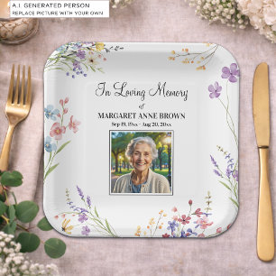 Elegant Floral Celebration Of Life Photo Paper Plate