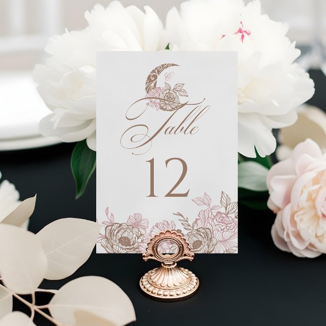 Elegant Floral Celestial Moon Star Quinceanera Table Number (Elegant Floral Celestial Moon Star Quinceanera Table Number (Front))