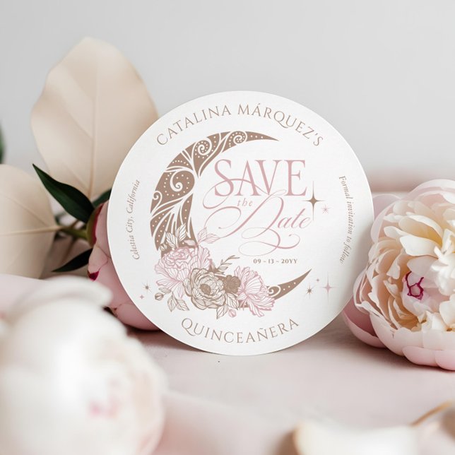 Elegant Floral Celestial Moon Stars Quinceanera Save The Date (Elegant Floral Celestial Moon Stars Quinceanera Save The Date)