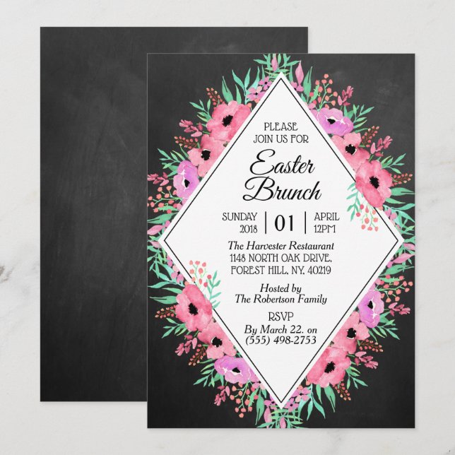 Elegant Floral Chalkboard Easter Brunch Invitation (Front/Back)