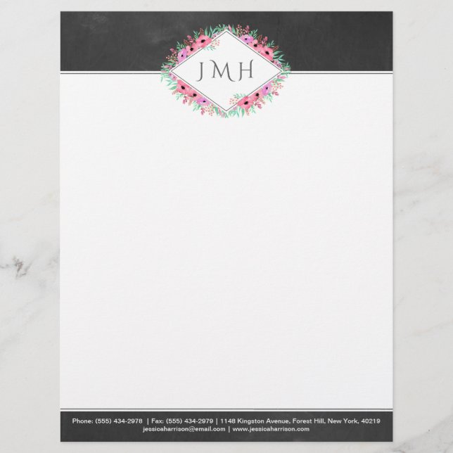 Elegant Floral Chalkboard Personal Or Business Custom Letterhead (Front)