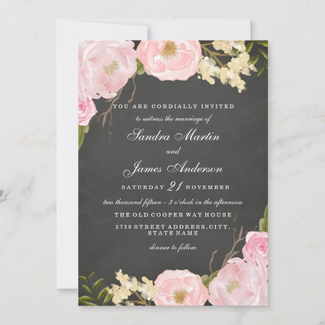 Elegant Floral Chalkboard Wedding Invitation (Front)