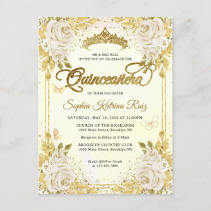 Elegant Floral Champagne Gold Tiara Quinceañera Postcard