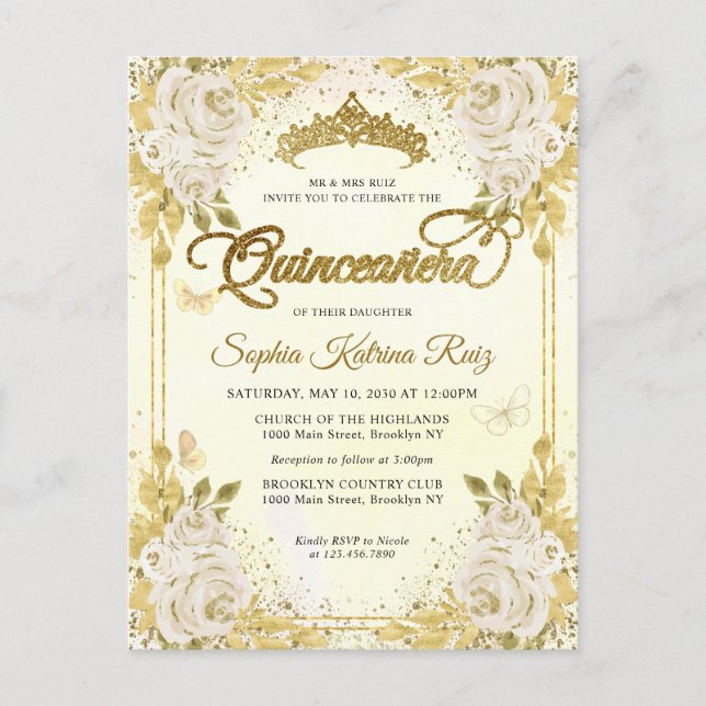 Elegant Floral Champagne Gold Tiara Quinceañera Postcard (Front)