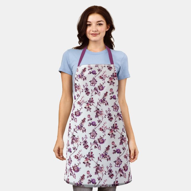 Elegant Floral Chef Baker w/ Pink & Purple Flowers Apron (Worn)