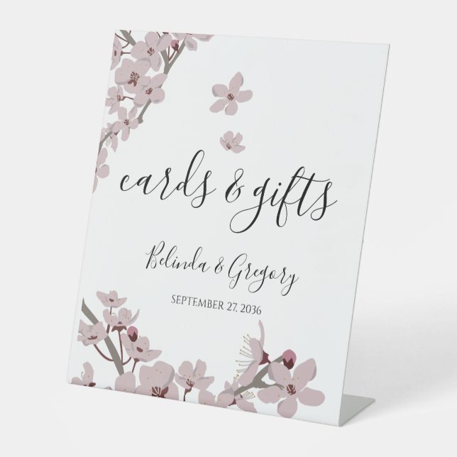 Elegant Floral Cherry Blossom Wedding Cards & Gift Pedestal Sign (Front)