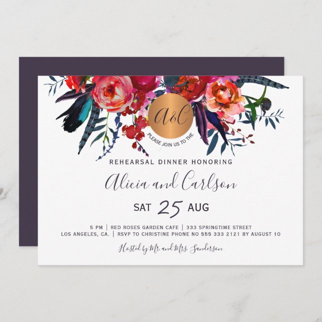 Elegant floral chic monogrammed rehearsal dinner invitation (Front/Back)