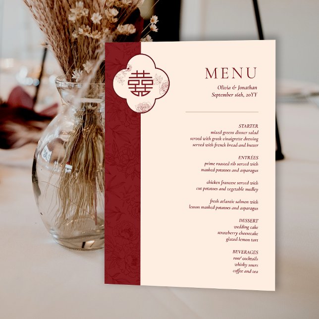 Elegant Floral Chinese Wedding Red Table Menu Card (Elegant Floral Chinese Wedding Red Table Menu Card)