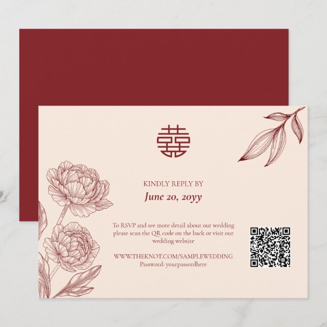 Elegant Floral Chinese Wedding RSVP Invitation (Front/Back)