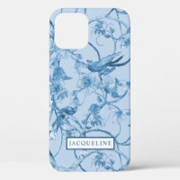 Elegant Floral Chinoiserie Dusty Blue White Birds