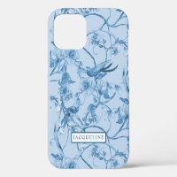 Elegant Floral Chinoiserie Dusty Blue White Birds