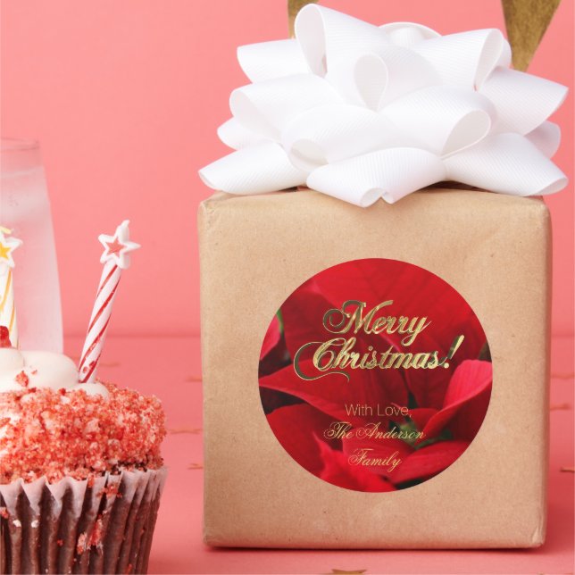 Elegant Floral Christmas Flowers Red Poinsettia Classic Round Sticker (Party)