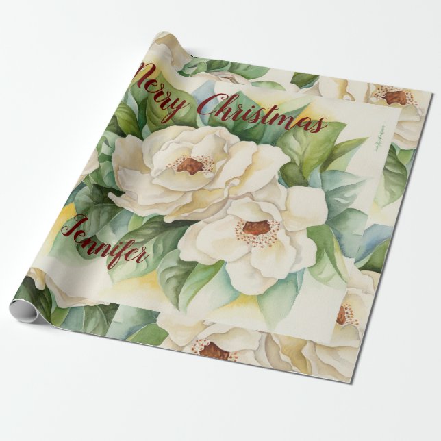Elegant Floral Christmas Magnolia Flowers Red Name Wrapping Paper (Unrolled)