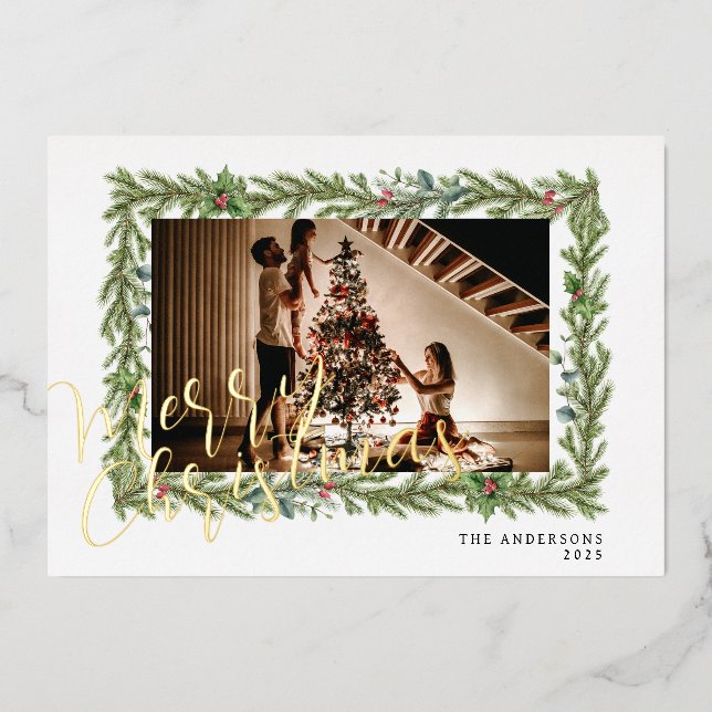 Elegant Floral Christmas | Modern Family Portrait Foil Holiday Card (Front)