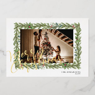 Elegant Floral Christmas Modern Family Portrait Foil Holiday Card