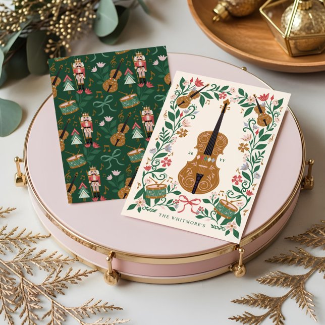 Elegant Floral Christmas Nutcracker Ballet Violin  Holiday Card (Elegant Floral Christmas Nutcracker Ballet Violin Holiday Card)