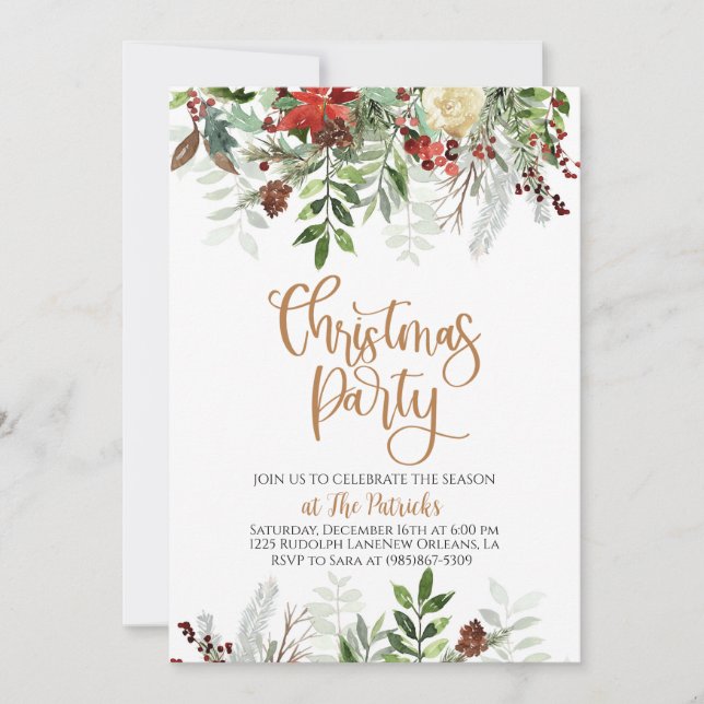 Elegant Floral Christmas Party Invitation (Front)