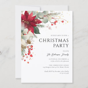 Elegant Floral Christmas Party Red Invitation