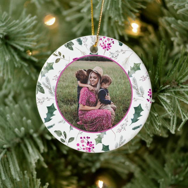 Elegant Floral Christmas Photo  Ceramic Tree Decoration (Tree)